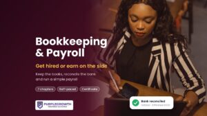 Bookkeeping & Payroll course card — young woman working through paperwork with a phone and laptop