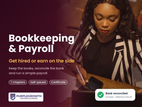 Bookkeeping & Payroll course card — young woman working through paperwork with a phone and laptop