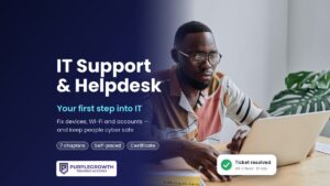 IT Support and Helpdesk course: young IT technician working on a laptop