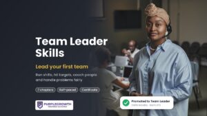 Team Leader Skills course: a team leader with a headset standing in front of her call centre team
