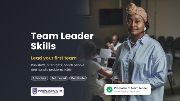 Team Leader Skills course: a team leader with a headset standing in front of her call centre team