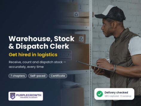 Warehouse, Stock and Dispatch Clerk course: warehouse clerk checking stock with a clipboard