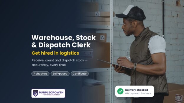 Warehouse, Stock and Dispatch Clerk course: warehouse clerk checking stock with a clipboard